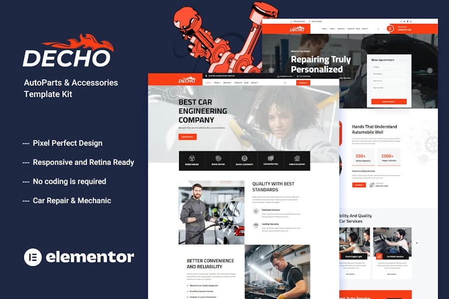 Decho – Template Kit Elementor para mecánicos de reparación de automóviles