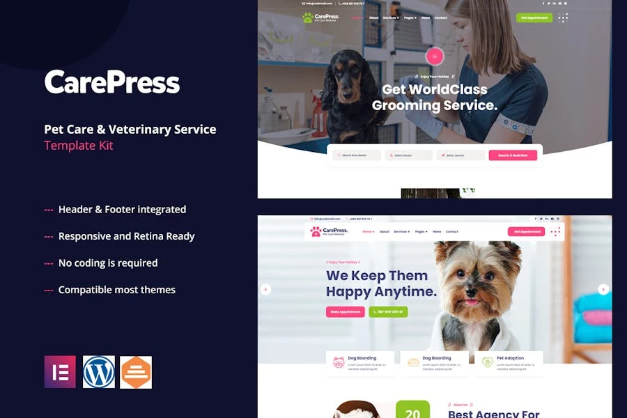 CarePress – Template Kit Elementor para cuidado de mascotas y veterinaria