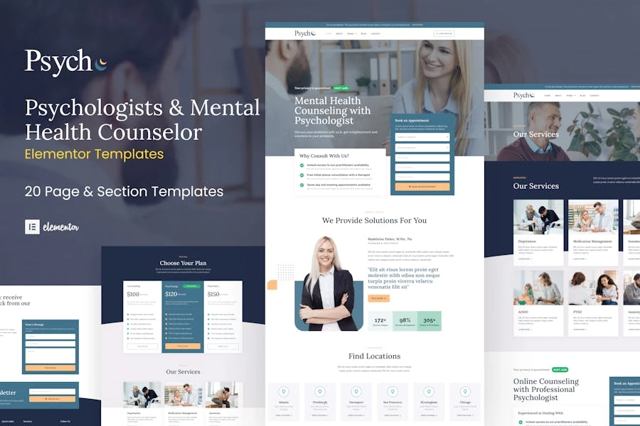 Psych – Kit de plantillas Elementor para consejeros de salud mental