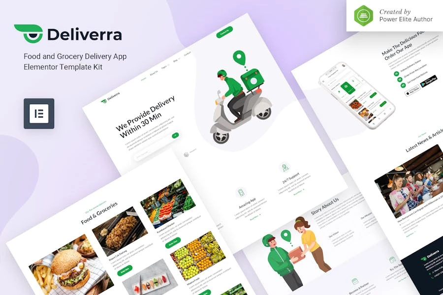 Deliverra – Template Kit Elementor de aplicación de entrega de alimentos y comestibles