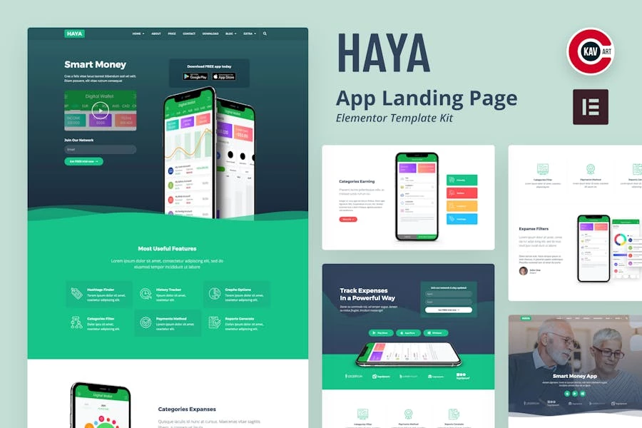 Haya – Template Kit Elementor de inicio de Aplicación