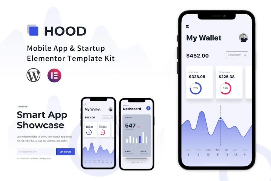 Hood – Template Kit Elementor para Aplicación móviles y startups