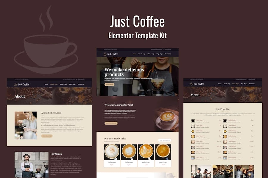 Justcoffee – Kit de plantillas Elementor para café y café