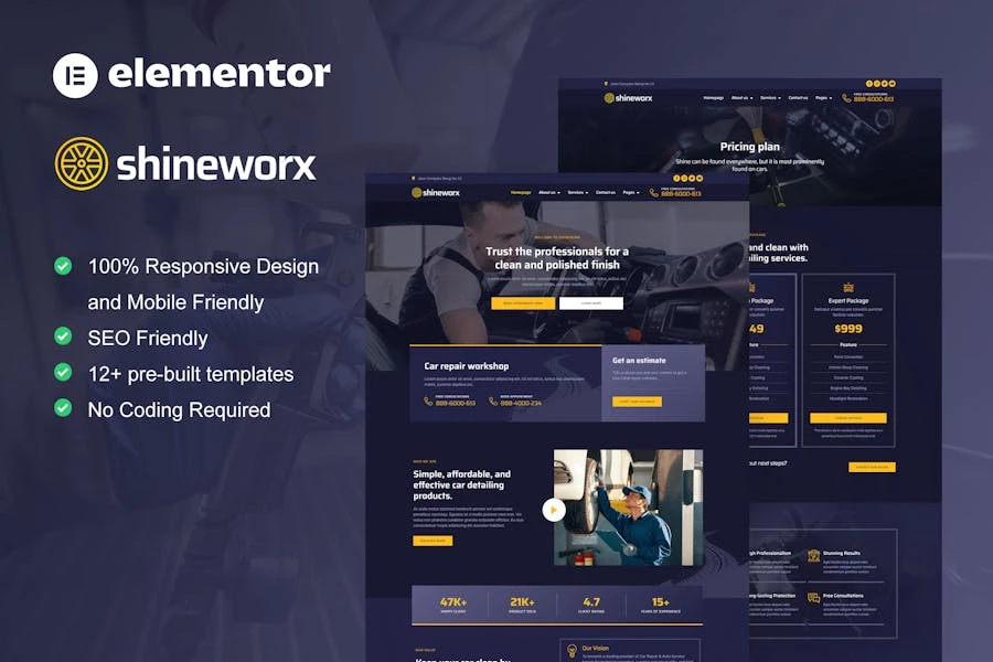 ShineWorx – Template Kit Elementor Pro para servicio de limpieza de automóviles y reparación de automóviles