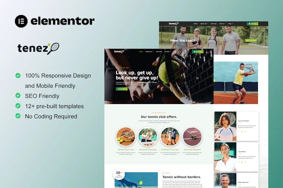 Tenez – Template Kit Elementor de escuela de tenis y club
