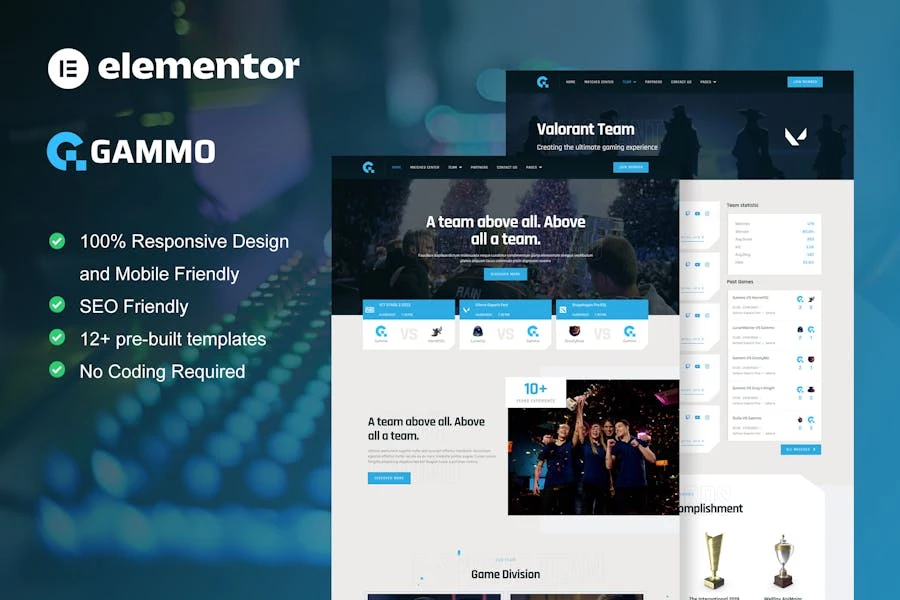 Gammo – Template Kit Elementor Pro para equipos de deportes electrónicos y juegos
