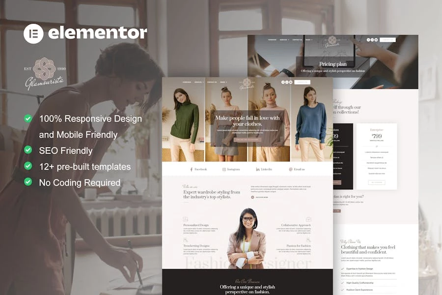 Glamourista – Kit de plantillas Elementor para diseñadores de moda
