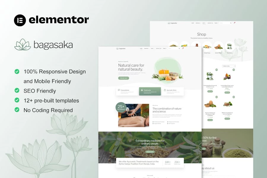 Bagasaka – Template Kit Elementor Pro para tratamiento ayurvédico y tienda WooCommerce