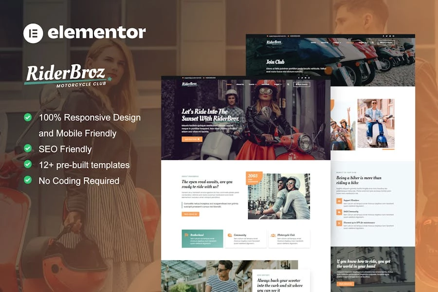 RiderBroz – Template Kit Elementor para clubes de motociclistas