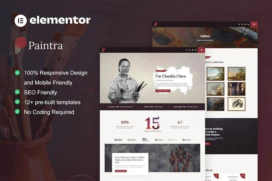 Paintra – Kit de plantillas Elementor Pro para artistas creativos y pintores