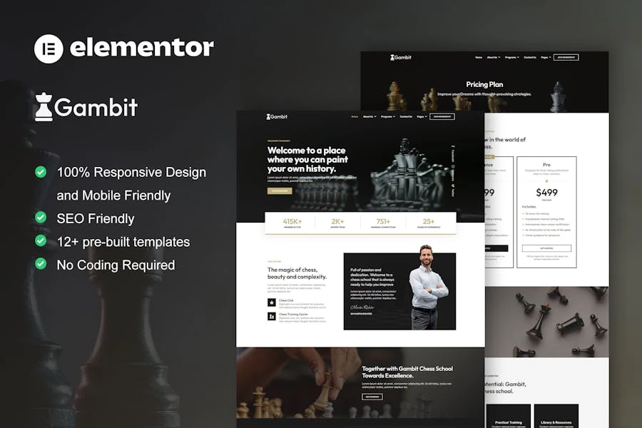 Gambit – Kit de plantillas Elementor para cursos y entrenamiento de clubes de ajedrez
