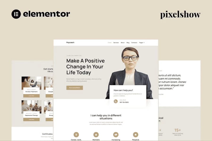 Psycoach – Kit de sitio completo de Life Coach y psicólogo Elementor Pro