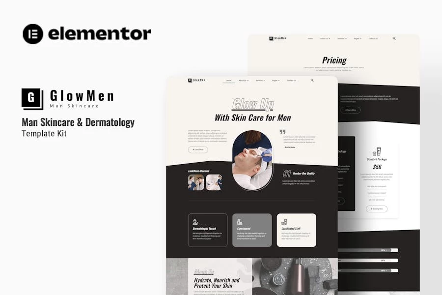 Glowmen – Template Kit Elementor para cuidado de la piel y dermatología para hombres