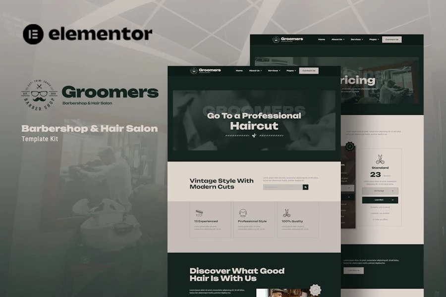 Groomers – Kit de plantillas Elementor para barberías y peluquerías