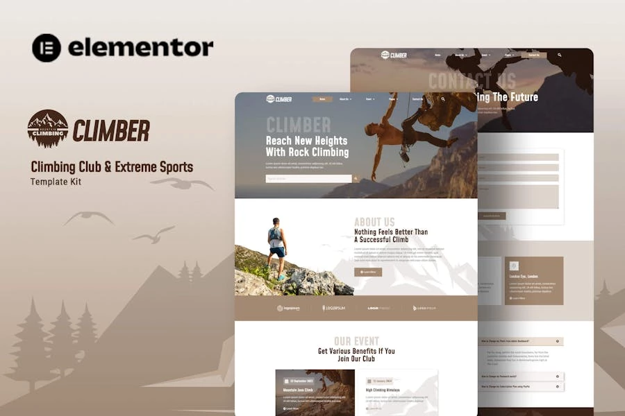 Climber – Kit de plantillas Elementor para club de escalada y deportes extremos