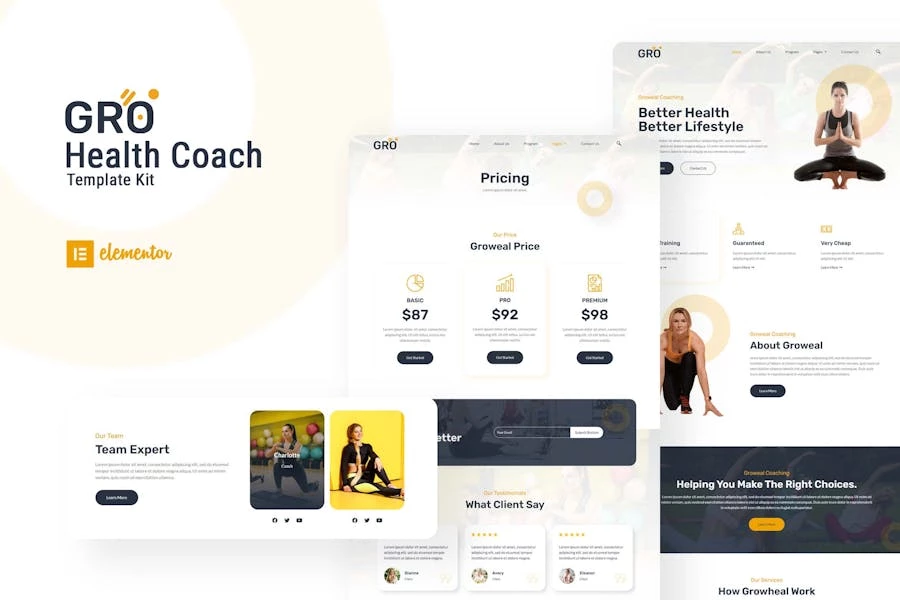 Groweal – Kit de plantillas Elementor para coaching de salud